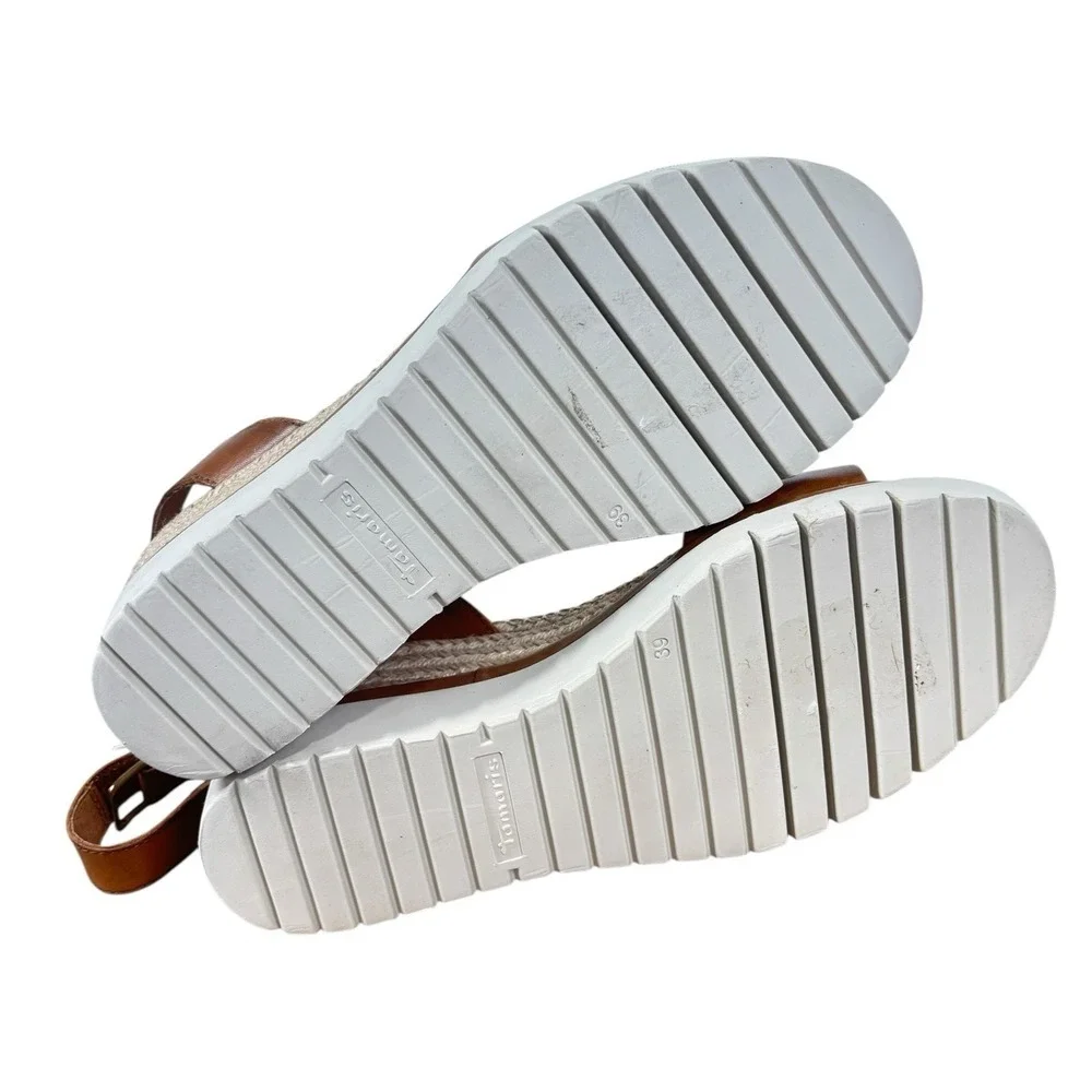 Tamaris Ladies Leather Cognac Brown Wedge Sandals Espadrille Capsule Size 8 / 39 - Picture 7 of 8